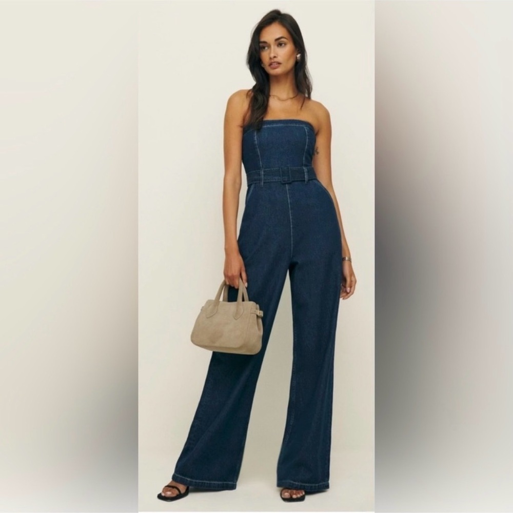 Reformation Eva Denim Strapless Belted Jumpsuit. Size 2